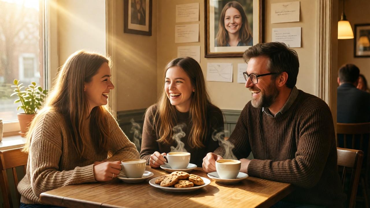 Hoffnungsvolles, warmes Bild in einem sonnendurchfluteten Café. Emma, Lili und Karl sitzen an einem Holztisch und lachen, vor ihnen stehen Tassen dampfenden Kaffees und ein Teller mit hausgemachten Keksen. An der Wand hängt ein gerahmtes Foto von Clara, umgeben von Dankesbriefen. Die Atmosphäre ist voller Wärme, Gemeinschaft und neuem Anfang. Goldene Lichtstrahlen fallen durch das Fenster, die Farbpalette ist freundlich mit Beige-, Braun- und Goldtönen. Die Komposition strahlt Ruhe und Geborgenheit aus.