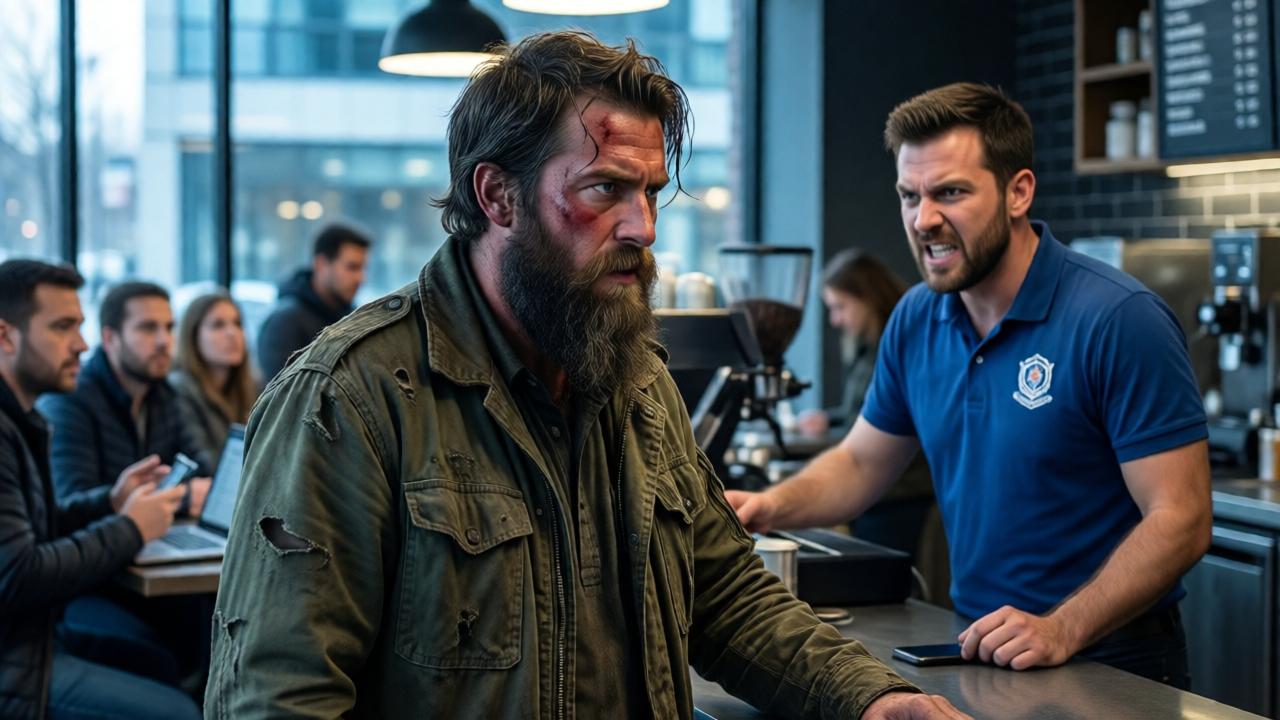 Dramatische Innenaufnahme eines modernen Cafés am frühen Morgen. Im Fokus steht ein Mann in einer stark verschmutzten, zerrissenen Armeejacke mit langem, ungepflegtem Bart, der an der Theke steht. Hinter der Theke eine wutverzerrte Managerin in einem blauen Polo-Shirt mit Logo. Das Licht ist kalt und grell, die Atmosphäre angespannt. Im unscharfen Hintergrund schauen zahlende Kunden mit gemischten Gesichtsausdrücken von ihren Laptops und Smartphones auf. Cinematografischer Stil mit hohem Kontrast, Farben: gedämpfte Brauntöne, kühles Blau, ein Akzent der roten Empörung im Gesicht der Managerin.