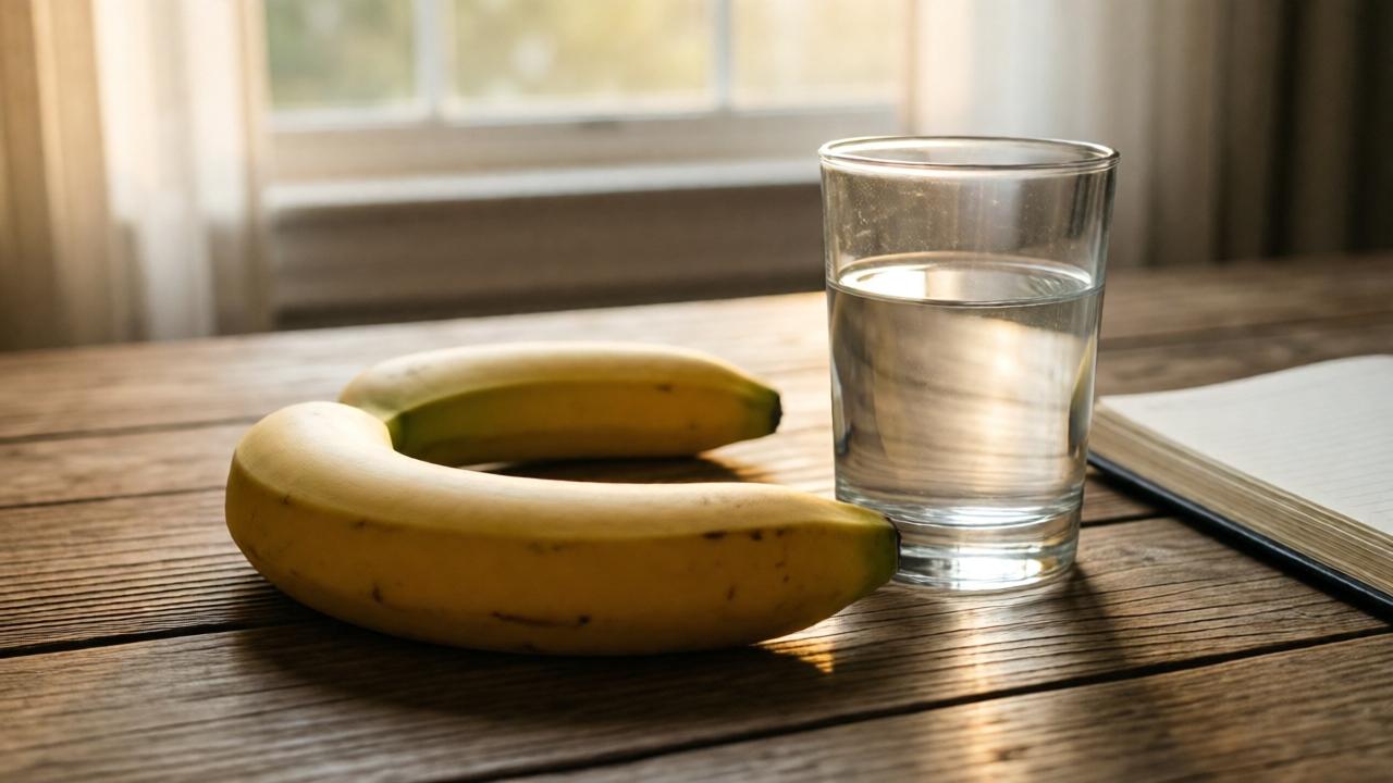Eine reife Banane liegt auf einem Holztisch neben einem Glas Wasser und einem Notizbuch, sanftes Morgenlicht fällt durch ein Fenster, warme und beruhigende Atmosphäre, natürlicher Stil, Nahaufnahme