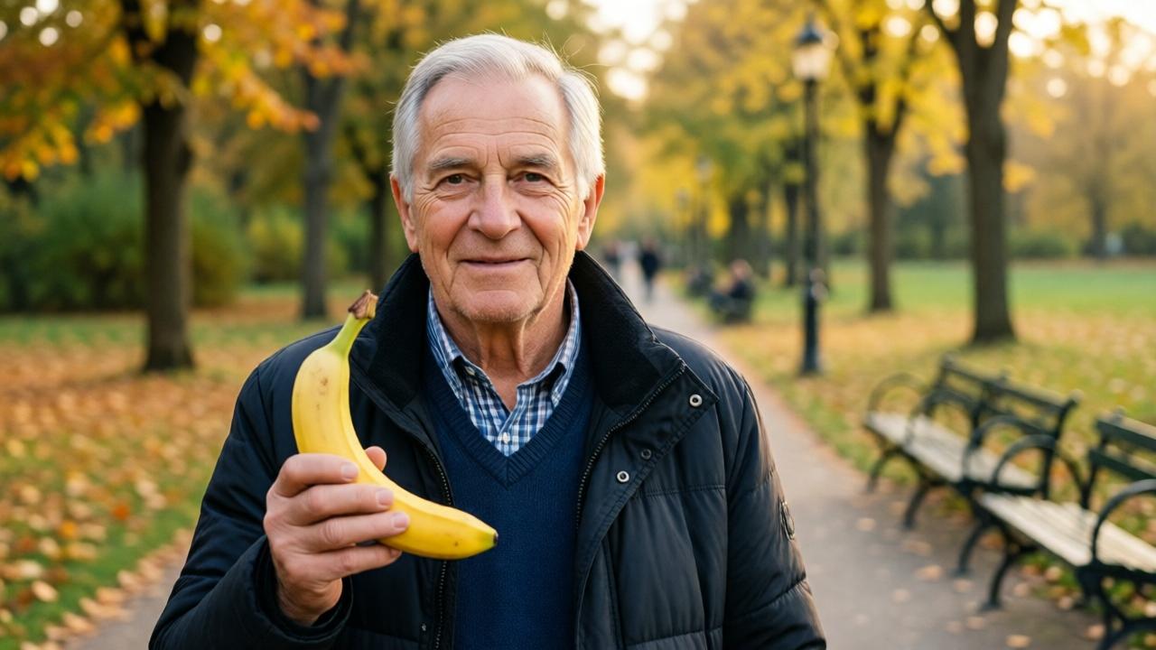 Eine ältere Person hält eine Banane in der Hand während eines Spaziergangs im Park, Herbstlandschaft im Hintergrund, weiches Nachmittagslicht, entspannter und gesunder Lebensstil, realistische Darstellung
