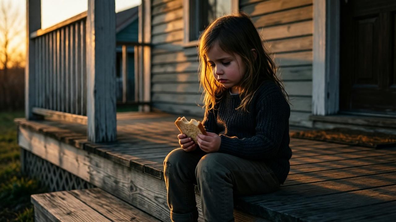 Dramatische Fotografie, Abenddämmerung. Ein kleines Mädchen sitzt allein auf der Stufe einer verwitterten Holzveranda, in der Hand ein trockenes Stück Brot. Ihr Gesicht ist traurig, die Augen sind gesenkt. Das warme, goldene Licht der untergehenden Sonne wirft lange, dramatische Schatten und kontrastiert mit der Kälte der Szene. Der Fokus liegt auf dem Mädchen und dem Brot, der Hintergrund des Hauses ist unscharf und bedrohlich. Stil: emotionaler Realismus mit starkem Chiaroscuro.