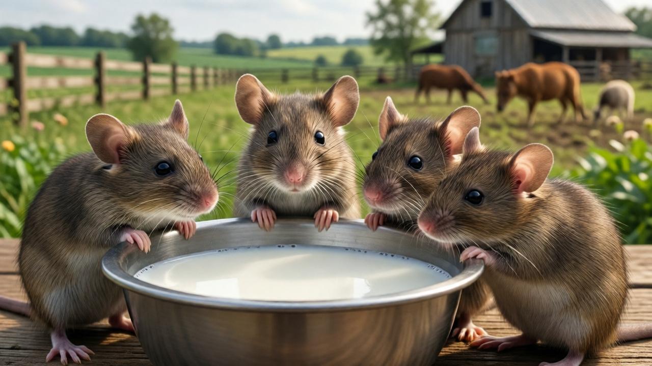 Vorderansicht von niedlichen Ratten um eine Schüssel mit Milch, im Hintergrund eine Farm