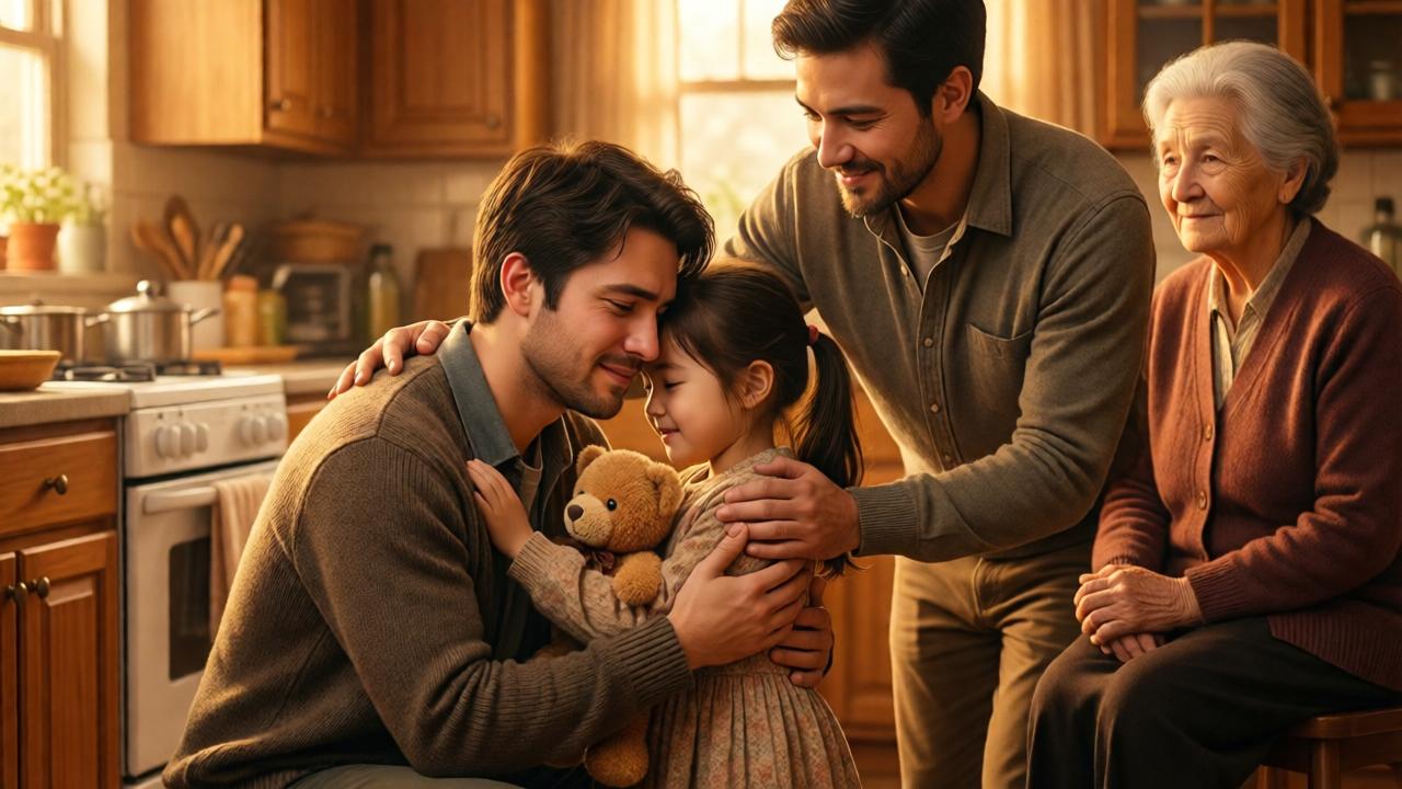 Emotional climax in a warm community kitchen. A young man is crouching down and gently embracing a little girl who is holding her teddy bear. His face shows relief and gratitude through a soft, calm expression. A former mentor stands nearby, resting a reassuring hand on the young man’s shoulder, offering a supportive smile. An elderly woman observes the moment from the background, her hands folded, her face reflecting peace and closure. The scene is bathed in warm golden and orange tones, with soft, diffused light creating an atmosphere of healing and completion. Triangular composition centered around the embrace.