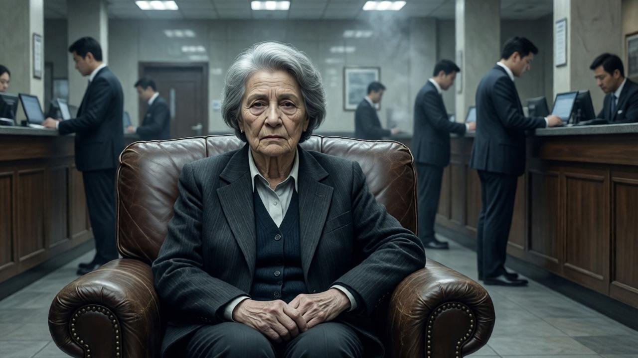 Mittlerer Plan des Bankfoyers, in dem eine ältere Frau mit müdem, aber gefassten Gesichtsausdruck allein in einem Ledersessel sitzt, umgeben von flüsternden Angestellten im Hintergrund. Die Atmosphäre ist bedrückend, die Farbpalette besteht aus kalten Grau- und Beigetönen im Stil eines düsteren Gemäldes.