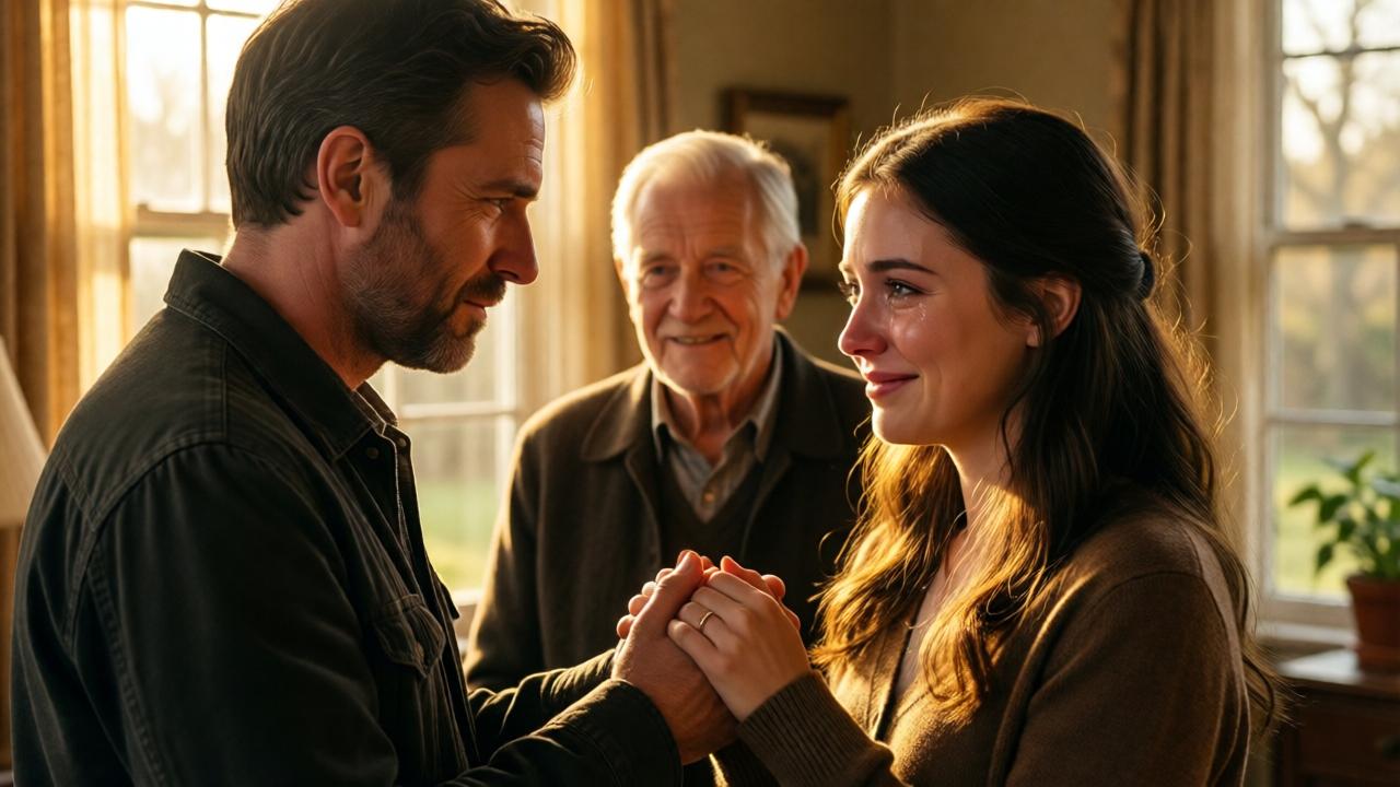 Эмоциональная кульминация: мистер Торн стоит перед Джессикой, его выражение лица меняется с холодного на глубоко благодарное и смиренное. Он протягивает ей руку. Джессика застенчиво улыбается, слезы облегчения блестят в ее глазах. Старик на заднем плане мудро улыбается. Теплый, золотистый свет послеполуденного солнца заливает окна, окутывая группу. Стиль: душераздирающий и полный надежды, крупные планы лиц и рук. Цвета: в изображении преобладают теплые, золотистые тона.