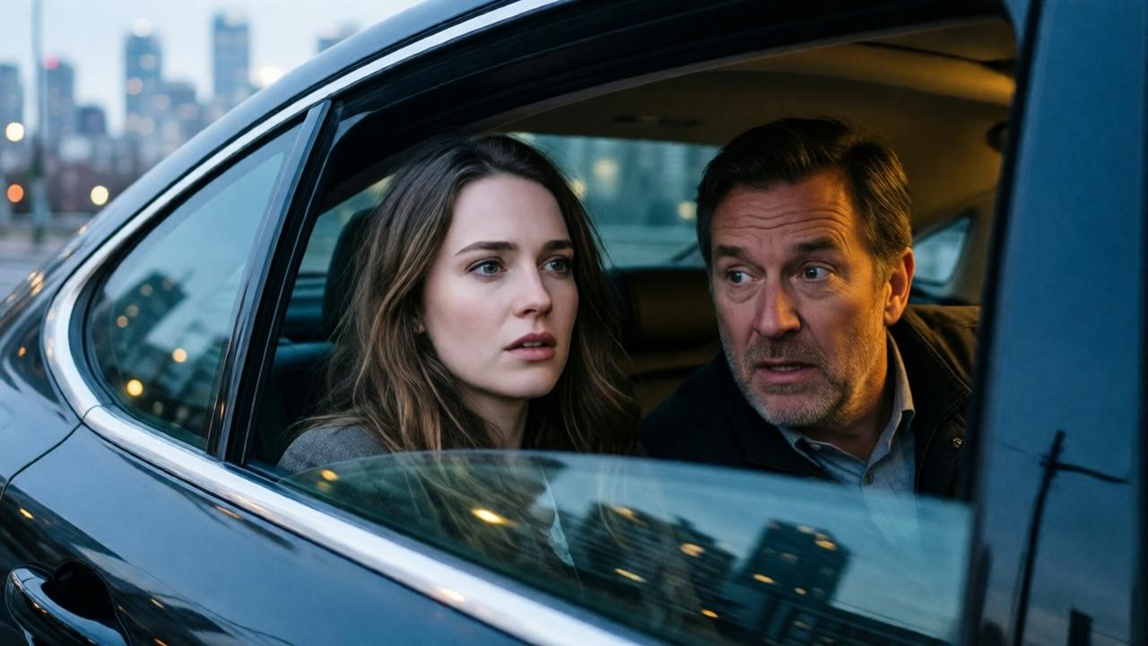 Dramatische Nahaufnahme von Jessica im Rücksitz eines modernen Uber-Autos, das Fenster ist heruntergekurbelt. Ein älterer Mann mit gehetztem, verzweifeltem Gesichtsausdruck beugt sich zum Fenster herein. Sein Mantel ist leicht zerzaust. Im Hintergrund unscharfe Stadtkulisse in den frühen Morgenstunden. Stil: realistische Fotografie mit hohem Kontrast, Fokus auf den emotionalen Ausdrücken. Farben: kühle Blau- und Grautöne, akzentuiert durch das warme Innenlicht des Autos.