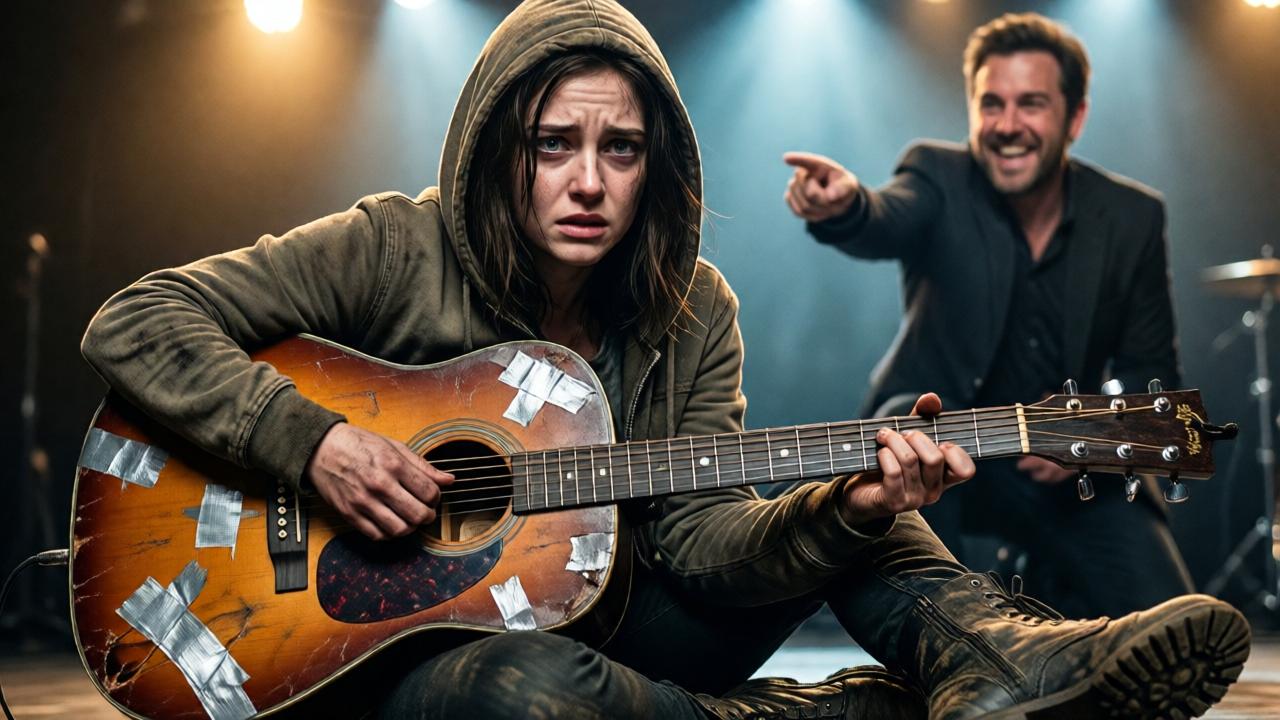 Dramatische Nahaufnahme einer jungen Frau, Lena, auf einer grell beleuchteten Bühne. Sie trägt einen fleckigen Hoodie und schlammige Stiefel, ihr Gesicht ist blass und von Angst gezeichnet. Sie umklammert eine völlig ramponierte, mit silbernem Klebeband geflickte Westerngitarre wie einen Rettungsring. Im Hintergrund ist der verschwommene, grinsende Moderator zu sehen, der mit ausgestrecktem Finger auf sie zeigt. Das Licht ist hart und kontrastreich, die Stimmung ist erdrückend und demütigend. Cinematographischer Stil, tiefe Schatten, warme Bühnenlichter gegen kühle Blautöne im Hintergrund.