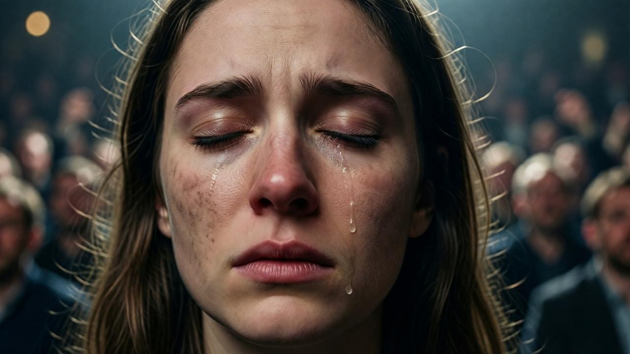 Extreme Nahaufnahme von Lenas Gesicht, die Augen geschlossen. Eine einzelne Träne bahnt sich ihren Weg durch den Staub auf ihrer Wange. Ihr Gesichtsausdruck hat sich von Angst zu tiefer, schmerzhafter Konzentration gewandelt. Im unscharfen Hintergrund ist das grölende, erwartungsvolle Publikum nur als Farb- und Lichtflecke zu erkennen. Das Licht kommt jetzt weicher von oben, wie ein einsamer Scheinwerfer, der nur sie isoliert. Der Fokus liegt ganz auf der emotionalen Verwandlung in ihrem Gesicht, dem Moment, bevor der erste Ton die Stille zerschneidet. Dramatisch, filmisch, emotional aufgeladen.