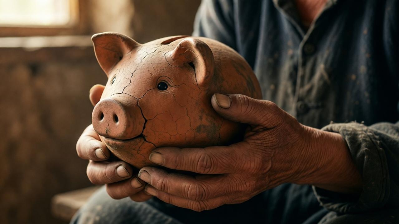 Dramatische Nahaufnahme der Hände einer alten Bäuerin, die zärtlich ein kleines, abgenutztes Sparschwein aus Ton hält. Ihre Hände sind von Erde und Arbeit gezeichnet, mit sichtbaren Adern und leichten Narben. Das Sparschwein wird vor einem unscharfen Hintergrund gehalten, der einen bescheidenen, ländlichen Wohnraum andeutet. Das Licht fällt warm und weich von einem Fenster ein, betont aber die Risse im Porzellan und die Müdigkeit in ihren Händen. Der Stil ist fotografisch-realistisch mit hohem emotionalem Impact, Farbpalette in erdigen, gedämpften Tönen.