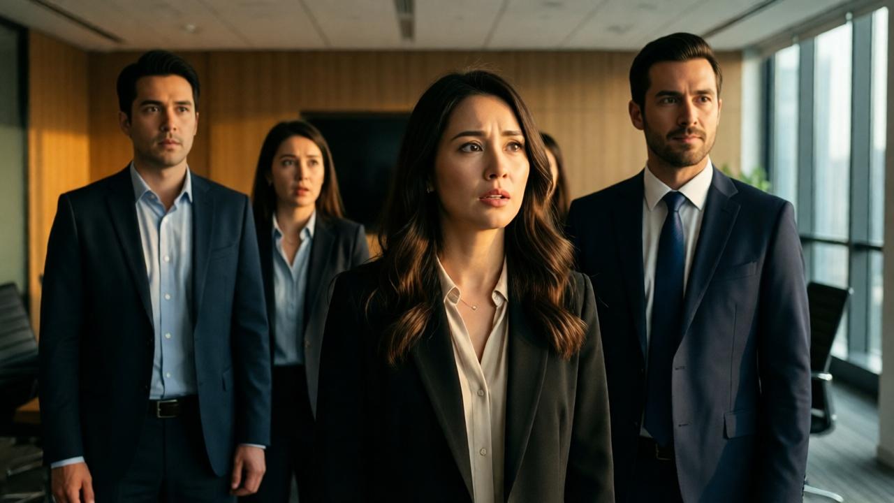 Dramatische Szene in einem modernen Konferenzraum. Mehrere Personen stehen im Raum. Eine Frau im Vordergrund wirkt überrascht und erleichtert. Zwei andere Personen im Hintergrund sehen erstaunt aus. Eine Person im Anzug steht ruhig daneben. Warmes Licht fällt auf die Frau im Vordergrund, die anderen stehen im Schatten. Kino-Stil, starke Kontraste, emotionale Gesichtsausdrücke, realistische Details.