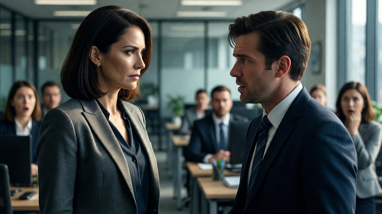 Dramatischer Moment der Konfrontation. Die Geschäftsführerin, eine resolute Frau in einem eleganten Business-Outfit, steht mit eisernem Blick vor einem jungen, nervösen Manager in einem offenen Bürobereich. Ihr Gesichtsausdruck ist kalt wie Stahl, ihre Körperhaltung ist aufrecht und autoritär. Der Manager wirkt klein und eingeschüchtert, er windet sich. Im Hintergrund sind unscharfe, schockierte Gesichter anderer Mitarbeiter zu erkennen. Das Licht ist dramatisch, fällt von der Seite und erzeugt starke Kontraste zwischen Licht und Schatten, die die moralische Kluft symbolisieren. Stil: cinematografisch, hohe emotionale Spannung, Fokus auf den Gesichtsausdrücken.