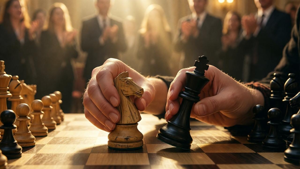 Emotionale, warm beleuchtete Nahaufnahme von Lenas Händen auf dem Schachbrett nach dem Sieg. Eine Hand umschließt zart den kleinen, abgenutzten weißen Springer aus Holz. Die andere Hand berührt sanft den umgefallenen schwarzen König. Im Hintergrund, unscharf, ist der aufgestandene, applaudierende Saal zu sehen. Das Licht ist golden und weich, wie ein Sonnenstrahl, der sie isoliert. Die Stimmung ist überwältigend, triumphierend und zutiefst traurig zugleich. Der Fokus liegt auf der Berührung, der Verbindung zwischen Vergangenheit und Gegenwart.