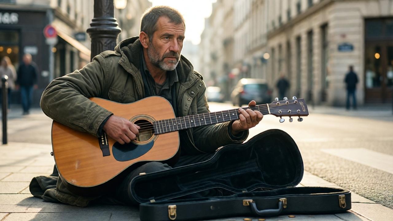 Ein obdachloser Mann mittleren Alters mit kurzem grauem Bart und einer abgetragenen olivgrünen Armeejacke sitzt an einer sonnigen Straßenecke in einer europäischen Stadt. Er hält eine akustische Gitarre mit abgegriffenem Holz. Sein Blick ist nachdenklich und müde, auf dem Boden vor ihm liegt ein geöffneter Gitarrenkoffer mit ein paar verstreuten Münzen. Der Stil ist fotorealistisch, die Stimmung ist ruhig und melancholisch, mit warmem Nachmittagslicht, das lange Schatten wirft. Die Farben sind gedämpft, mit einem Fokus auf die Texturen der Jacke und des Pflasters. Komposition aus niedriger Perspektive.