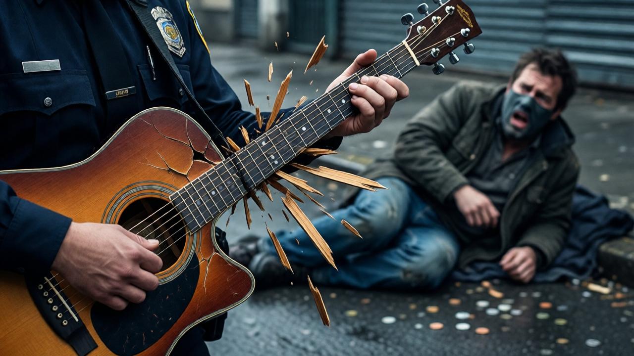 Dramatische Nahaufnahme: Ein Polizist in Uniform hält die zerbrochenen Teile einer akustischen Gitarre in seinen Händen, Holzsplitter ragen heraus. Im Hintergrund ist unscharf der obdachlose Mann auf dem Boden zu sehen, sein Gesicht ist ein Ausdruck von Schock und Ohnmacht. Ein paar Münzen liegen verstreut auf dem nassen Pflaster. Der Stil ist düster und fotorealistisch, die Stimmung ist gewalttätig und bedrohlich. Das Licht ist hart und kontrastreich, die Farben sind kühl mit einem bläulichen Schimmer. Komposition aus Schulterhöhe des Polizisten.