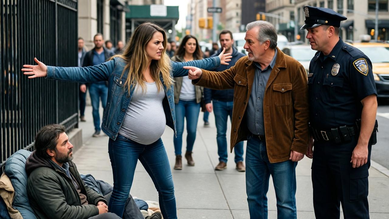 Eine dramatische Szene auf einer belebten Stadtstraße: Eine hochschwangere Frau mit langen Haaren stellt sich entschlossen vor den am Boden sitzenden obdachlosen Mann. Sie hat die Arme ausgestreckt, ihr Gesicht zeigt Zorn und Schutz. Ein älterer Mann in einer Cordjacke zeigt mit ausgestrecktem Finger auf einen verlegen dreinblickenden Polizisten. Im Hintergrund beginnen weitere Passanten, sich zu sammeln. Der Stil ist dynamisch und fotorealistisch, die Stimmung ist angespannt und aufgeladen. Das Licht ist natürliches Tageslicht, die Farben sind lebendig. Komposition aus einer weiten Einstellung, die die Konfrontation einfängt.
