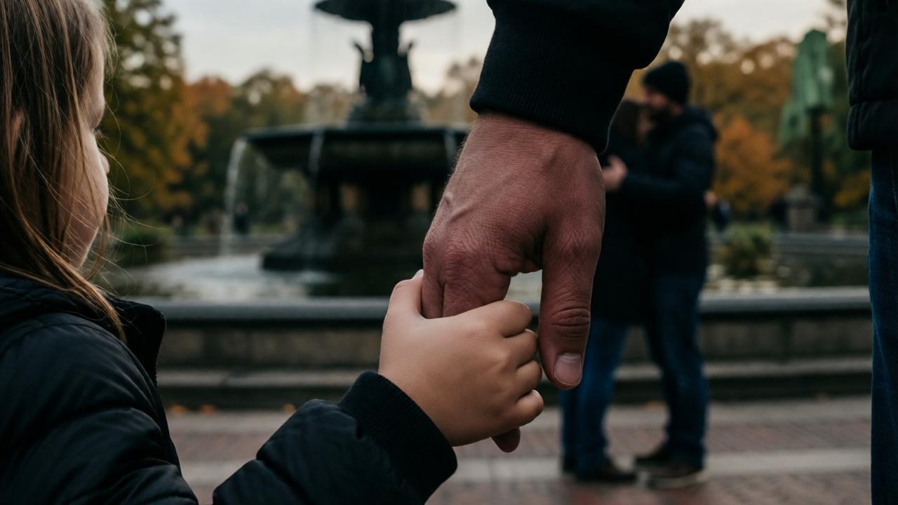 Emotionale Nahaufnahme aus der Perspektive eines Kindes: Eine kleine Mädchenhand hält die Hand eines Erwachsenen fest. Im unscharfen Hintergrund sind zwei schemenhafte Figuren an einem Springbrunnen im Stadtpark zu erkennen, die sich umarmen. Die Stimmung ist bedrückend und voller Vorahnung. Düsteres, kontrastreiches Licht eines späten Nachmittags. Farben: gedämpfte Herbsttöne von Orange und Braun, der Fokus liegt auf der kindlichen Hand.