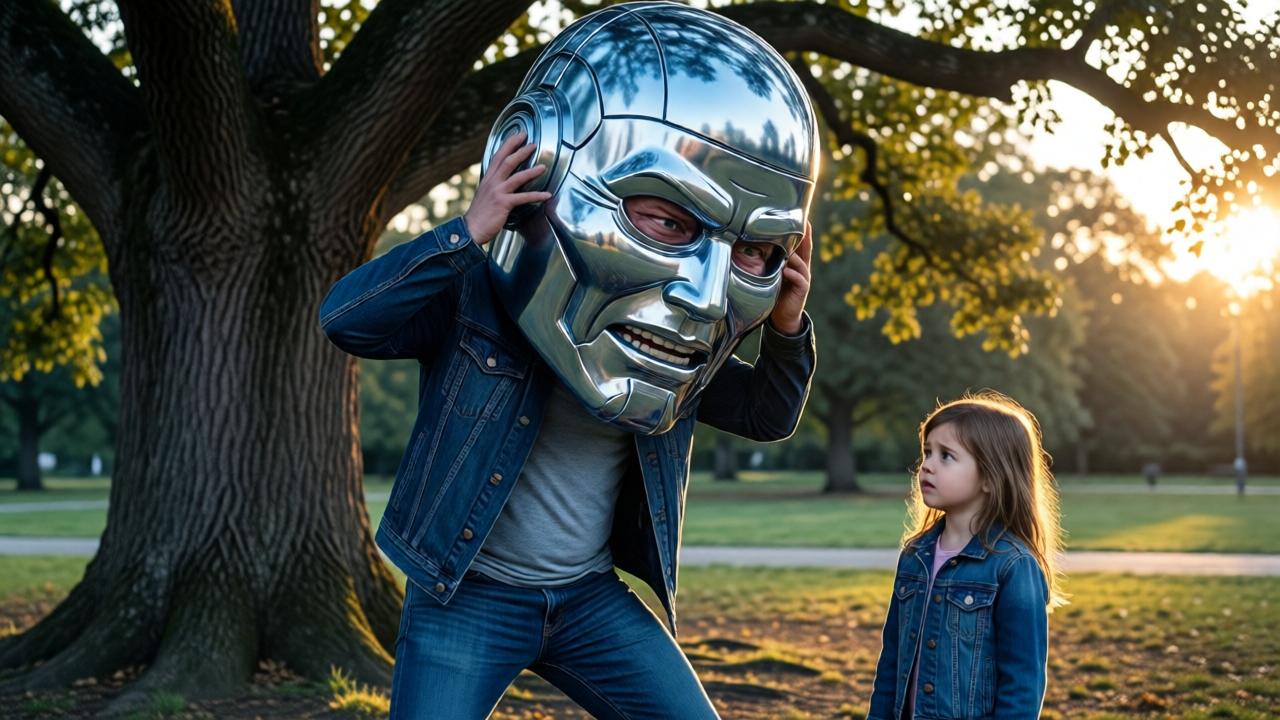 Surreale urbane Szene: Ein Mann in Jeans und Jacke setzt sich unter einer alten Eiche einen übergroßen, glänzenden silbernen Roboter-Maskottchenkopf auf. Sein Gesicht ist vor Entschlossenheit und Schmerz verzerrt, während er die Maske anlegt. Neben ihm steht ein kleines Mädchen, das ihn verwirrt und ängstlich ansieht. Dramatisches Seitenlicht der untergehenden Sonne wirft lange Schatten. Farben: kalte Blau- und Silbertöne der Maske im Kontrast zu den warmen Erdtönen des Parks.