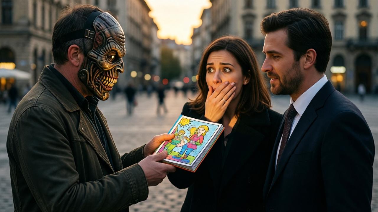Dramatische Szene auf einem städtischen Platz: Ein Mann in einer grotesken Robotermaske hält einem anderen, gut gekleideten Mann (Tobias) ein kleines, bunt bemaltes Malbuch hin. Eine Frau (Katharina) daneben erstarrt, ihre Hand bedeckt schockiert den Mund. Ihre Augen sind weit aufgerissen, sie erkennt das Buch. Die Abendsonne taucht die Szene in ein gespenstisches goldenes Licht. Scharfes Spotlight auf dem Malbuch, der Rest leicht unscharf. Komposition mit starkem emotionalem Fokus.