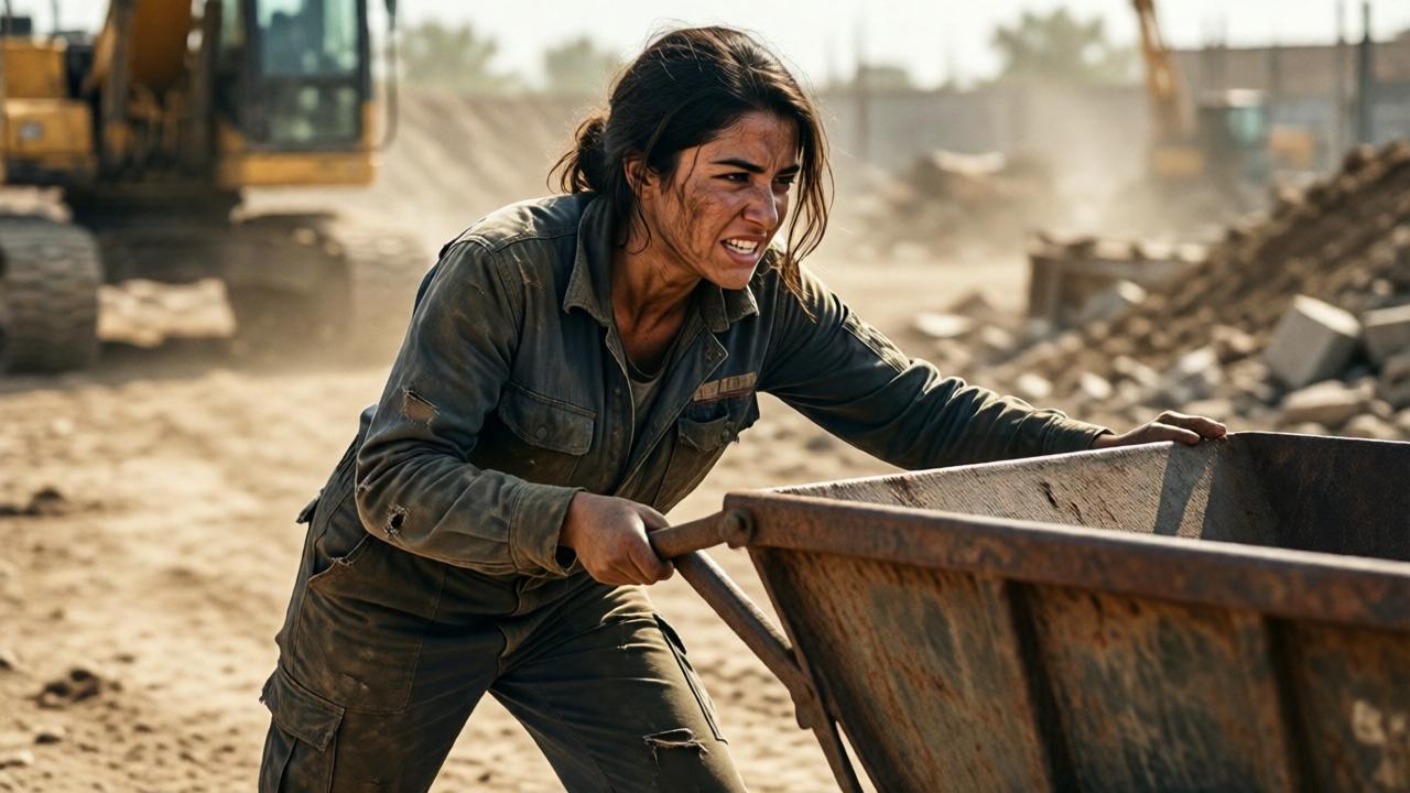 Eine junge Frau, Amira, in zerrissener Arbeitskleidung auf einer staubigen Baustelle unter der gleißenden Mittagssonne. Sie zieht mit aller Kraft an einem schweren, rostigen Bergbauwagen, ihr Gesicht ist vor Anstrengung verzerrt und mit Schmutz und Schweißstreifen bedeckt. Die Szene ist realistisch, mit dramatischem, hartem Licht, das tiefe Schatten wirft. Im Hintergrund verschwommene Umrisse von Baumaschinen. Der Blick ist nah und einfühlsam, zeigt ihre verzweifelte Entschlossenheit.