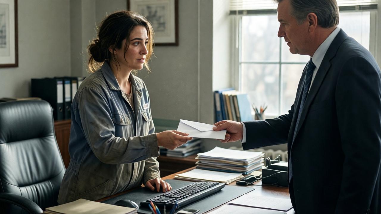 Büroansicht. Amira, immer noch in ihrer schmutzigen Arbeitskleidung, steht respektvoll vor einem großen Schreibtisch. Herr Becker, in einem Anzug, reicht ihr einen weißen Umschlag. Ihr Gesicht zeigt eine Mischung aus Erschöpfung, Dankbarkeit und zaghafter Hoffnung. Das Licht fällt durch ein großes Fenster und beleuchtet den Staub auf ihren Kleidern. Die Komposition betont den Kontrast zwischen ihrer Armut und der gepflegten Büroumgebung. Emotional und detailreich.