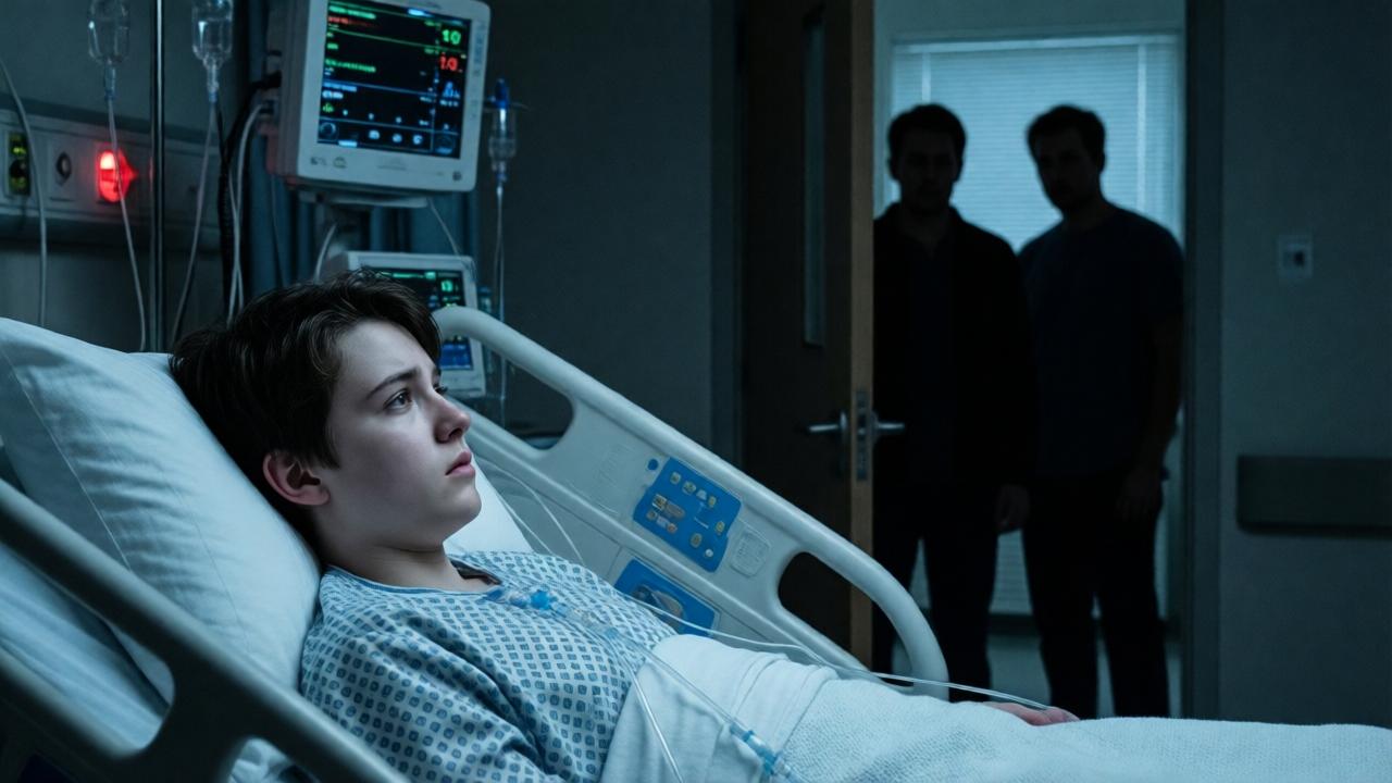 Dramatische Krankenhausszene im Halbdunkel. Ein blasser, 15-jähriger Junge (Jonas) liegt in einem Krankenhausbett, an Schläuche angeschlossen. Sein Blick ist ängstlich und auf die geschlossene Zimmertür gerichtet, hinter der ein Schattenriss zweier Männer zu sehen ist. Das Licht ist kalt und klinisch, nur das schwache Licht der Monitore erhellt sein Gesicht. Stimmung: hoffnungslos, einsam, bedrohlich. Farbpalette: kalte Blau- und Grautöne, ein Akzent des roten Warnlichts eines Monitors.