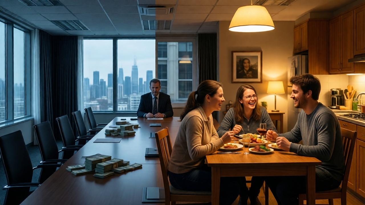 Symbolisches Bild, das die beiden Lebenswege zeigt. Links: Ein kalter, leerer Konferenzraum mit Blick auf eine Skyline, ein einsamer Mann (Herr Bäcker) sitzt am Ende eines langen Tisches, umgeben von Reichtum, aber in düsterem Schatten. Rechts: Eine warme, gemütliche Wohnungsküche, wo Dr. Krause, Lisa und der erwachsene Jonas gemeinsam lachen, beim Abendessen. Eine unsichtbare Linie teilt das Bild in zwei Hälften – Kälte vs. Wärme, Einsamkeit vs. Familie, Geld vs. Liebe. Cinematografischer Stil, tiefe emotionale Symbolik.