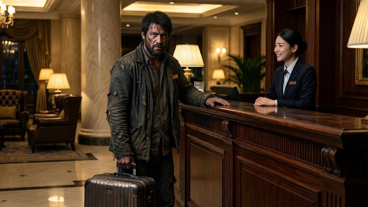 Eine kontrastreiche Szene in der opulenten Lobby eines Fünf-Sterne-Hotels. Im Vordergrund steht ein Mann in stark verschmutzter, zerrissener Kleidung mit einem abgenutzten Koffer vor einem glänzenden Mahagoni-Rezeptionstresen. Eine junge, freundlich blickende Rezeptionistin in eleganter Uniform lehnt sich ihm zu. Im Hintergrund sind gedämpfte goldene Lichter, große Marmorsäulen und teure Ledersessel zu sehen. Die Stimmung ist gespannt und kontrastreich. Fotorealistischer Stil mit dramatischer Beleuchtung, die den Mann aus der Dunkelheit hervorhebt.