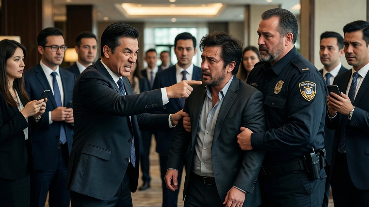 Dramatischer Moment in der Hotellobby. Ein wütender Hotelmanager in teurem Anzug zeigt mit ausgestrecktem Arm auf einen verwahrlost aussehenden Mann, der von einem großen Sicherheitsmann am Arm gepackt wird. Um sie herum schauen wohlgekleidete Gäste mit gemischten Gesichtsausdrücken aus Neugier, Verachtung und Peinlichkeit zu. Einige halten Smartphones hoch. Die Beleuchtung ist hart und dramatisch, der Fokus liegt auf dem Konflikt im Zentrum. Cinematografischer Stil mit unscharfem Hintergrund.