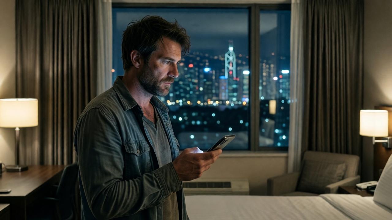 Ein Mann in schmutziger Kleidung steht allein in einem schlichten, sauberen Hotelzimmer. Er blickt aus dem Fenster auf die nächtliche Skyline einer Großstadt. In seiner Hand hält er ein modernes, hochwertiges Smartphone, das im Kontrast zu seiner verwahrlosten Erscheinung steht. Das Licht der Stadt erhellt sein nachdenkliches, entschlossenes Gesicht. Die Stimmung ist ruhig, kontemplativ und voller Andeutungen. Düstere, aber hoffnungsvolle Farbtöne. Malerischer, filmischer Stil.