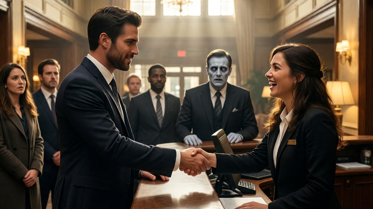 Die finale Szene in der Hotellobby am nächsten Tag. Der nun makellos gekleidete, gutaussehende Protagonist (Alexander Thorn) schüttelt der überglücklichen und überraschten Rezeptionistin Lena die Hand. Hinter ihnen steht der entsetzte, bleiche Manager, der von Anwälten umringt ist. Die anderen Hotelgäste und Angestellten schauen fassungslos und bewundernd zu. Warmes, siegreiches Licht strömt durch die hohen Fenster. Fotorealistisch, emotional aufgeladen, ein Moment der Genugtuung und Gerechtigkeit.