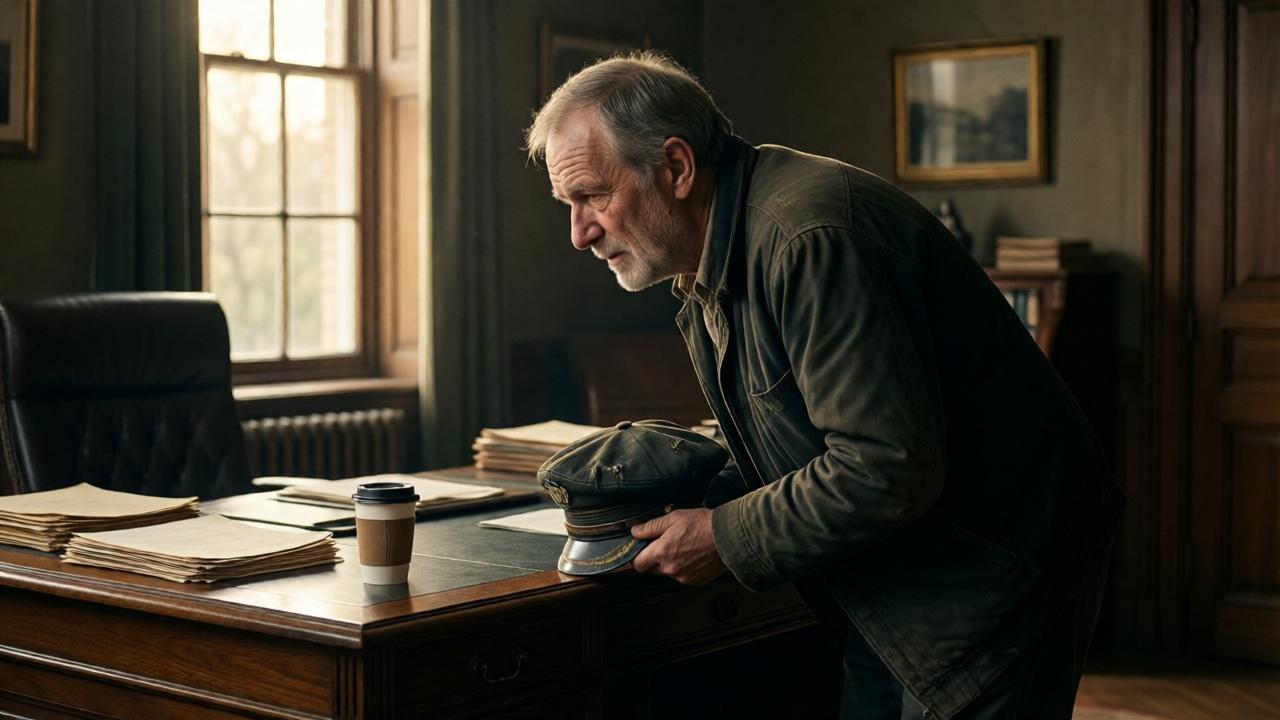Ein älterer, müde aussehendes Mann mit wettergegerbtem Gesicht und einer verbeulten Fahrermütze in den Händen steht vor einem großen, dunklen Holzschreibtisch in einem Chef-Büro. Der Raum ist gedämpft beleuchtet, durch ein Fenster fällt spätes Nachmittagslicht. Auf dem Schreibtisch stehen eine Kaffeetasse und Papierstapel. Der Mann, Pierre, hat einen krummen Rücken und einen entschlossenen, aber erschöpften Ausdruck. Der Stil ist fotorealistisch mit einem Hauch von Cinematic Lighting, warmen, gedämpften Farben und einer leicht körnigen Textur, die an einen Filmstill erinnert. Die Perspektive ist von der Seite, so dass man beide Figuren sieht.