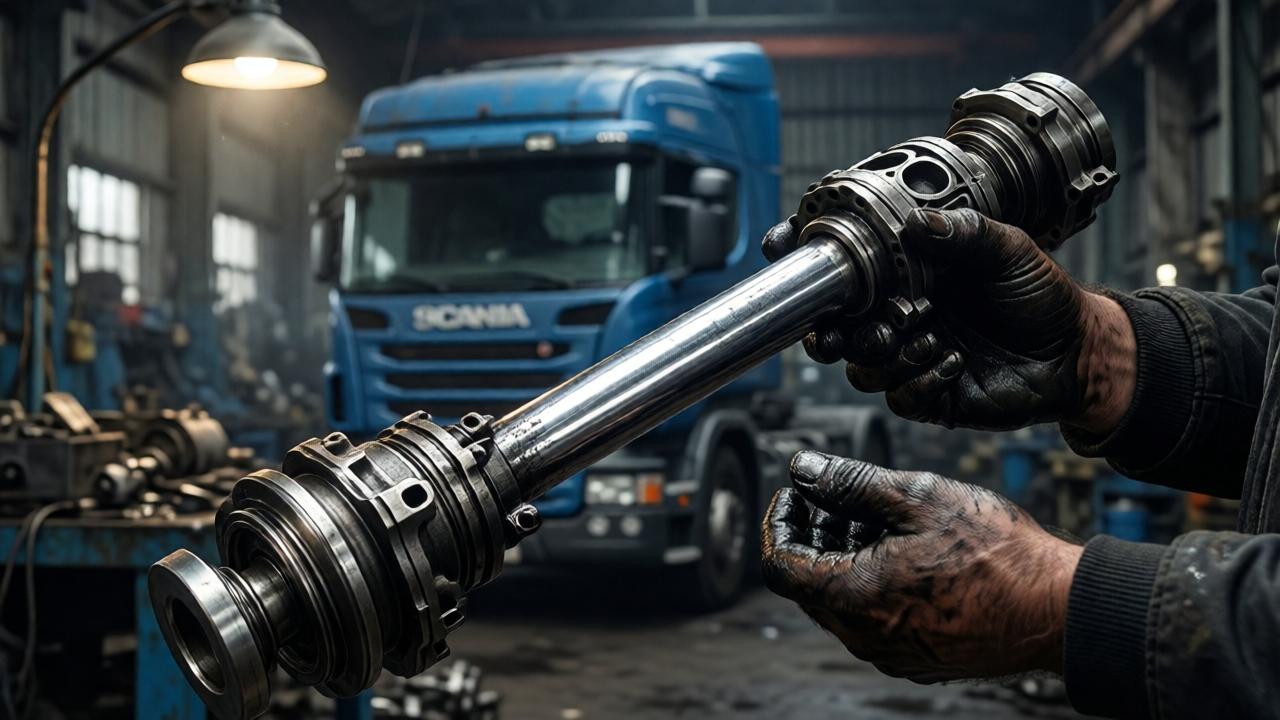 Ein Detail-Shot in einer großen, etwas düsteren Werkstatthalle. Zwei Hände, schmutzig von Öl und Fett, halten eine glänzende, nagelneue Motor-Kolbenstange. Im unscharfen Hintergrund ist der Rahmen des alten blauen Scania-LKWs zu sehen. Das Licht fällt dramatisch von einer hohen Werkstattlampe herab und lässt das Metall der neuen Teile und das Öl auf den Händen glänzen. Der Stil ist hochdetailliert und fotorealistisch, mit starken Kontrasten zwischen den dunklen, schmutzigen Bereichen und den sauberen, neuen Teilen. Die Stimmung ist konzentriert und entschlossen.