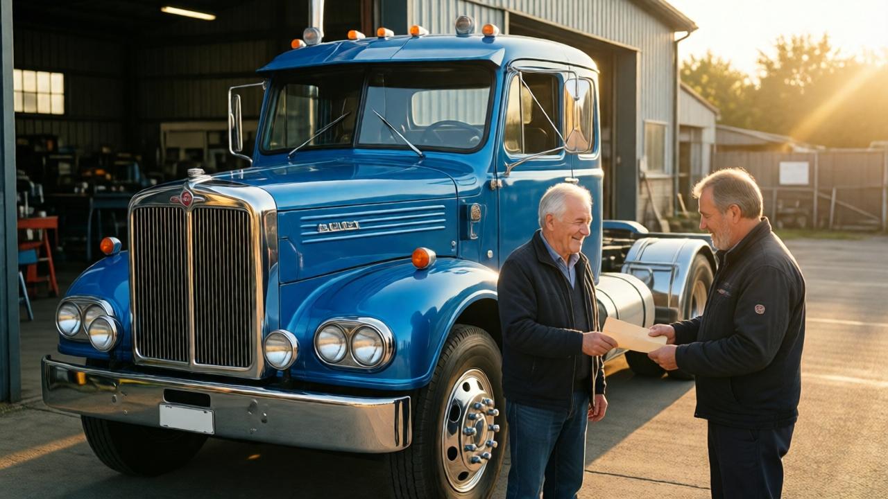 Ein vollständig restaurierter, funkelnd blauer Oldtimer-Scania-LKW steht in einer Werkshallen-Einfahrt im goldenen Licht der späten Nachmittagssonne. Neben ihm stehen zwei Männer: der gealterte, aber stolz lächelnde Pierre und sein Chef, Herr Oris, der ihm einen Umschlag überreicht. Der LKW ist makellos, Chromteile blitzen, der Lack spiegelt die Sonne. Im Hintergrund ist die Werkshalle leicht unscharf. Der Stil ist warm und cinematografisch, mit langen Schatten und einem Gefühl der Vollendung und des Respekts. Die Perspektive ist leicht erhöht, um die Schönheit des LKWs und die emotionale Geste zwischen den Männern einzufangen.
