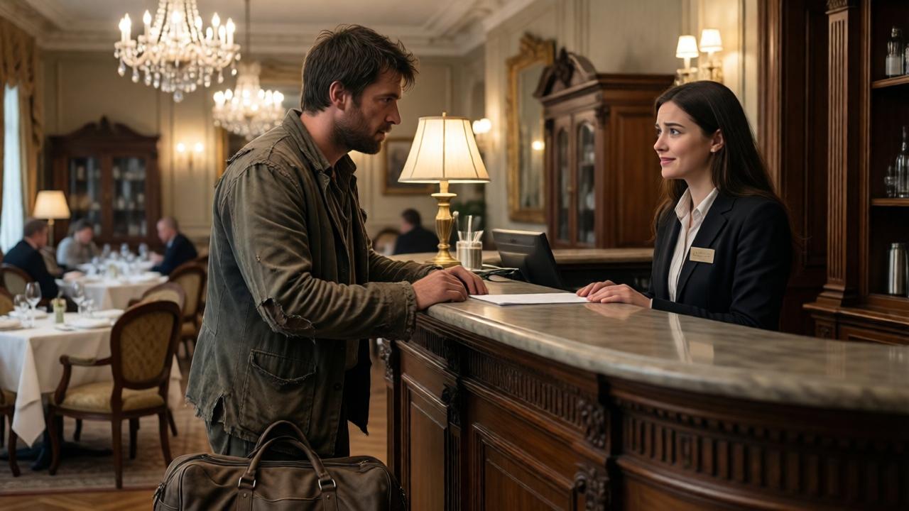 Eine detailreiche Szene in einem eleganten Restaurant: Ein Mann in zerrissener, staubiger Kleidung steht an der Rezeption, eine abgenutzte braune Reisetasche zu seinen Füßen. Die Empfangsdame, eine junge Frau mit freundlichem, aber besorgtem Gesichtsausdruck, blickt ihn an. Im Hintergrund sind gedämpftes Licht von Kristalllüstern, weiße Tischtücher und gediegene Holzmöbel zu sehen. Die Stimmung ist angespannt und neugierig zugleich, mit einem Kontrast zwischen Armut und Luxus. Fotorealistischer Stil, warme Farben mit einem Hauch Melancholie, seitliche Perspektive.