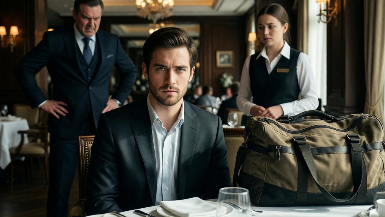 Der Protagonist sitzt nun an einem gedeckten Tisch im Restaurant. Sein Gesichtsausdruck hat sich verändert: von unterwürfig zu entschlossen und ruhig. Die alte Reisetasche steht prominent neben seinem Stuhl. Der wütende Manager ist im Hintergrund zu sehen, die Hände in die Hüften gestemmt, während die gastron Lena diskret danebensteht und verwirrt wirkt. Das Ambiente ist weiterhin luxuriös, das Licht fällt dramatisch auf den Tisch. Cinematografischer Stil, Fokus auf den Gesichtsausdrücken, kontrastreiche Beleuchtung, halbnahe Einstellung.