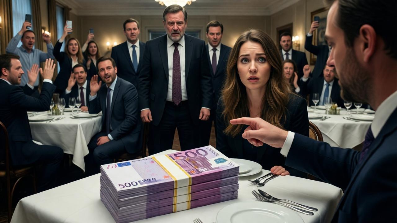 Драматическая кульминация: стопка 500-евровых банкнот лежит на белой скатерти ресторанного стола. На переднем плане главный герой указывает на потрясенную Лену. На заднем плане видны члены совета директоров в костюмах и совершенно обезумевший менеджер. Гости за другими столиками вскочили на ноги, некоторые подняли в воздух мобильные телефоны. Атмосфера напряженная и недоверчивая. Драматическое освещение подчеркивает деньги и лица, кинематографический стиль и широкоугольная перспектива передают всю реакцию присутствующих.