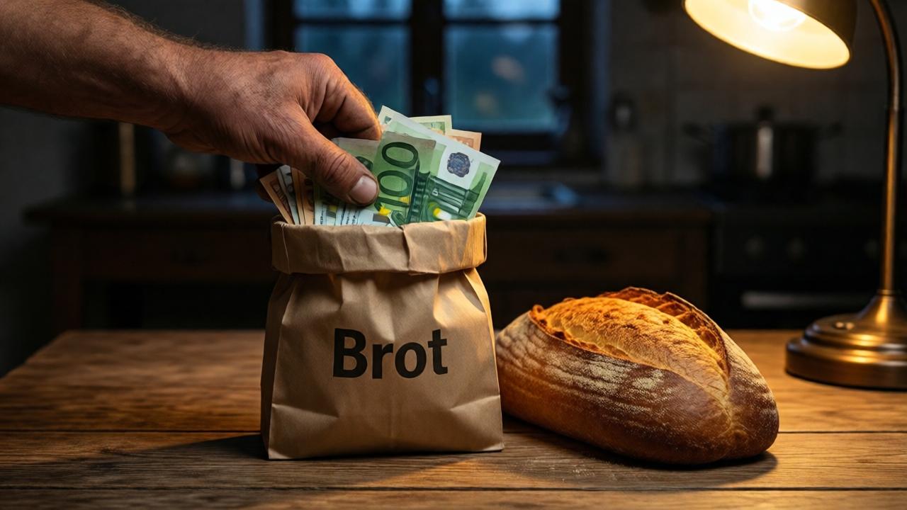 Dramatische Nahaufnahme im Abendlicht: Eine raue, von Erde gesprenkelte Bauernhand schiebt einen Bündel Euro-Scheine in eine einfache braune Papiertüte, auf der 'Brot' steht. Auf dem rustikalen Holztisch daneben liegt ein goldbraunes, frisches Brot. Die Stimmung ist gespannt und geheimnisvoll, beleuchtet von einer einzelnen warmen Lampe, die tiefe Schatten wirft. Der Fokus liegt auf der Hand und dem Geld, der Hintergrund ist unscharf und zeigt eine einfache Bauernküche.