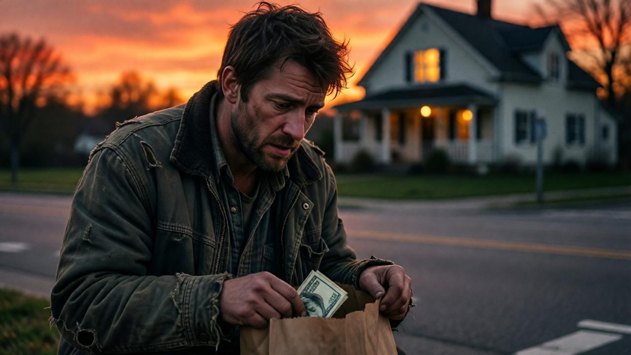 Emotionale Szene bei einbrechender Dämmerung: Ein obdachloser Mann mit zerrissener Jacke steht an einer Straßenecke, den Blick gesenkt auf eine geöffnete Brottüte in seinen zitternden Händen, in der ein Bündel Geldscheine zu sehen ist. Sein Gesicht zeigt einen Mix aus Unglauben, Angst und innerem Kampf. Im unscharfen Hintergrund ist ein Bauernhaus mit erleuchtetem Fenster zu erkennen. Die Stimmung ist düster, dramatisch und hoffnungsvoll zugleich, beleuchtet von der letzten tieforange-roten Abendsonne.