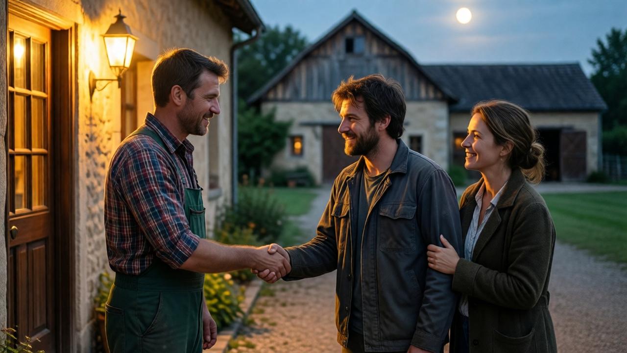 Herzerwärmende Szene im Hof bei Nacht: Ein Bauer (Pierre) reicht einem ehemals obdachlosen Mann (Luc) die Hand zum Deal, während die Frau (Marie) daneben steht und lächelt. Im Hintergrund ist ein großer Bauernhof mit Scheune zu sehen. Luc trägt jetzt eine saubere Arbeitsjacke. Die Stimmung ist warm, versöhnlich und hoffnungsvoll, beleuchtet von der goldenen Lampe über der Haustür und dem sanften Licht des aufgehenden Mondes. Die Körpersprache zeigt Respekt und neu gefundenes Vertrauen.
