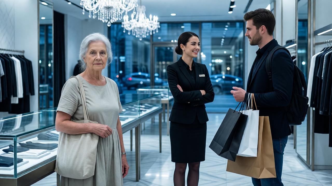 Innenansicht eines hochmodernen Luxusboutiquenladens in Seattle mit polierten Marmorböden und kristallenen Lüstern. Im Vordergrund steht eine ältere Frau (68, silbernes Haar) in einem verblassten, aber sauberen Baumwollkleid mit einer einfachen Leinentasche, ruhig und aufrecht vor einem gläsernen Tresen. Hinter ihr, im Fokus, eine junge, arrogant lächelnde Verkäuferin in eleganter schwarzer Uniform, die sich einer auffällig gekleideten jungen Kundin mit vielen Einkaufstüten zuwendet und die ältere Frau ignoriert. Die Stimmung ist kalt und ausschließend, das Licht ist kühl und klinisch, die Farbpalette besteht aus Weiß, Schwarz und metallischen Akzenten. Komposition mit starker Diagonale, die die soziale Trennung betont.