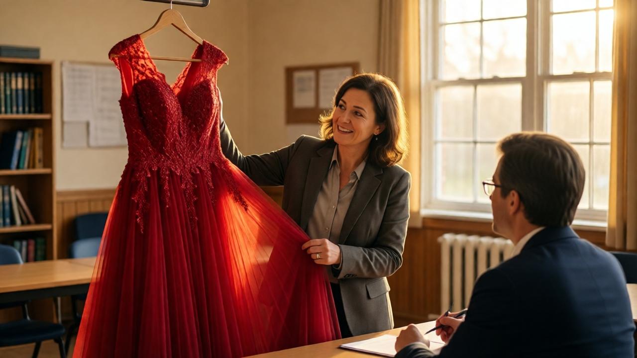 Symbolisches, hoffnungsvolles Bild: Das gleiche atemberaubende rote Abendkleid hängt jetzt in einem schlichten, aber freundlichen Gemeindezentrum. Es wird von einer anderen Frau mittleren Alters betrachtet, die ein schlichtes Kostüm trägt und ein Bewerbungsgespräch vor sich hat. Ihr Gesicht zeigt Staunen und eine neue Zuversicht. Ein warmes, einladendes Morgenlicht fällt durch ein großes Fenster und umspielt das Kleid, das nun nicht mehr als Statussymbol, sondern als Werkzeug der Ermächtigung wirkt. Die Komposition ist herzlich und narrativ, mit weichen Fokusübergängen, die den Wandel der Bedeutung des Objekts betonen.