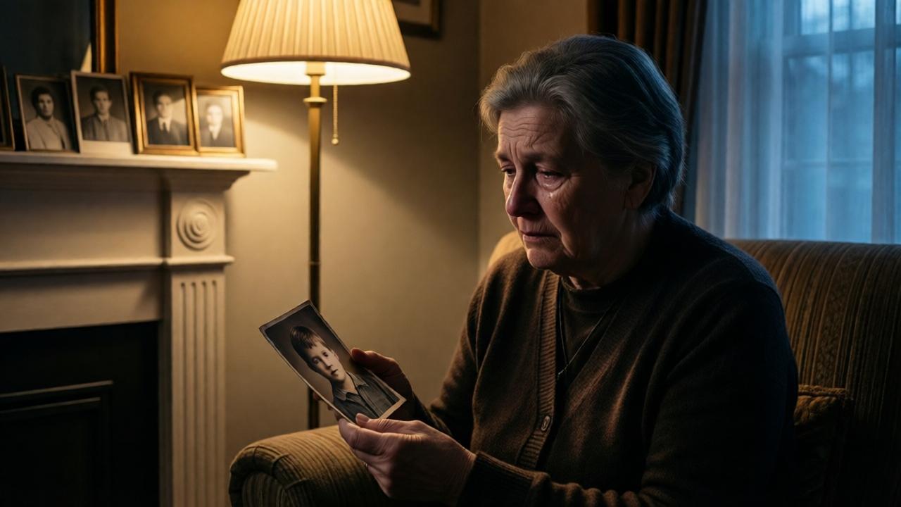Eine ältere Frau sitzt allein in einem schwach beleuchteten Wohnzimmer, Blick aus der Perspektive der Zimmerecke. Sie hält ein altes Foto eines Jungen in den Händen, ihr Gesicht ist von tiefen Schatten und stillen Tränen gezeichnet. Das Licht einer einzelnen Stehlampe fällt warm auf das Foto, während der Rest des Raumes in kühlem, bläulichem Dämmerlicht versinkt. Auf dem Kaminsims stehen weitere verstaute Familienbilder. Stil: emotionaler Realismus mit hohem Kontrast, Farbpalette aus gedämpften Brauntönen, Ocker und Blaugrau.