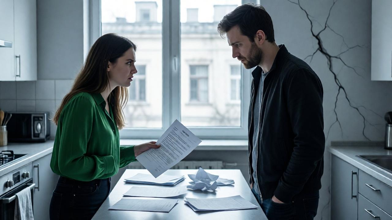 Ein Paar steht sich in einer modernen, aber unpersönlichen Küche gegenüber. Die junge Frau hält einen amtlichen Brief in der Hand, ihr Gesicht ist verzerrt vor Wut und Enttäuschung. Der Mann daneben wirkt erschöpft und abwesend, die Hände in den Hosentaschen vergraben. Durch den großen Fensterfront fällt kaltes, graues Tageslicht auf zerknüllte Papiere auf dem Küchentisch. Im Hintergrund ist ein auffälliger Riss in der Wand zu sehen. Stil: düsterer, sozialkritischer Realismus, Farben: kühles Grau, Weiß und ein akzentuierendes Giftgrün von Lisas Bluse.