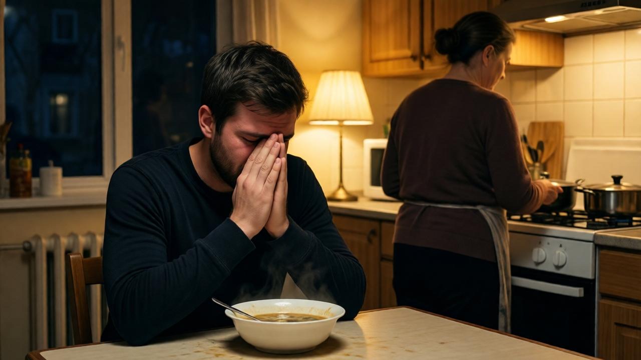 Ein Mann in den Dreißigern sitzt an einem einfachen Küchentisch und weint still in seine Hände. Vor ihm steht eine halb leere Schüssel mit dampfender Suppe. Eine ältere Frau steht im Hintergrund am Herd, ihr Rücken ist dem Betrachter zugewandt, ihre Schultern sind angespannt. Das warme, gelbliche Licht einer Küchenlampe schafft eine intime, aber schmerzerfüllte Atmosphäre. Durch das Fenster sieht man die Dunkelheit der Nacht. Stil: intimes Porträt mit starkem Fokus auf Emotionen, chiaroscuro-artige Lichtführung, Farbpalette aus warmen Erdtönen und tiefem Nachtschwarz.