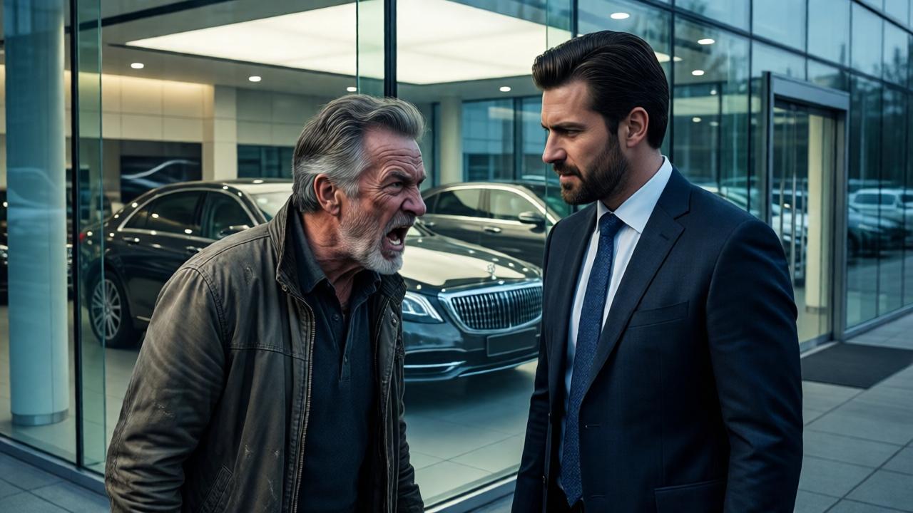 Ein hochmodernes Autohaus mit gläserner Fassade, innen glänzende Luxusfahrzeuge unter strahlendem Licht. Im Vordergrund ein älterer Mann in abgetragener Jacke, der von einem arroganten Manager in teurem Anzug angeschrien wird. Dramatische Beleuchtung mit starken Kontrasten zwischen Arm und Reich, die Szene ist aus einer leicht erhöhten Perspektive aufgenommen, um die Machtdynamik zu zeigen. Die Farben sind kühl und metallisch mit einem Hauch von Bedrohung.