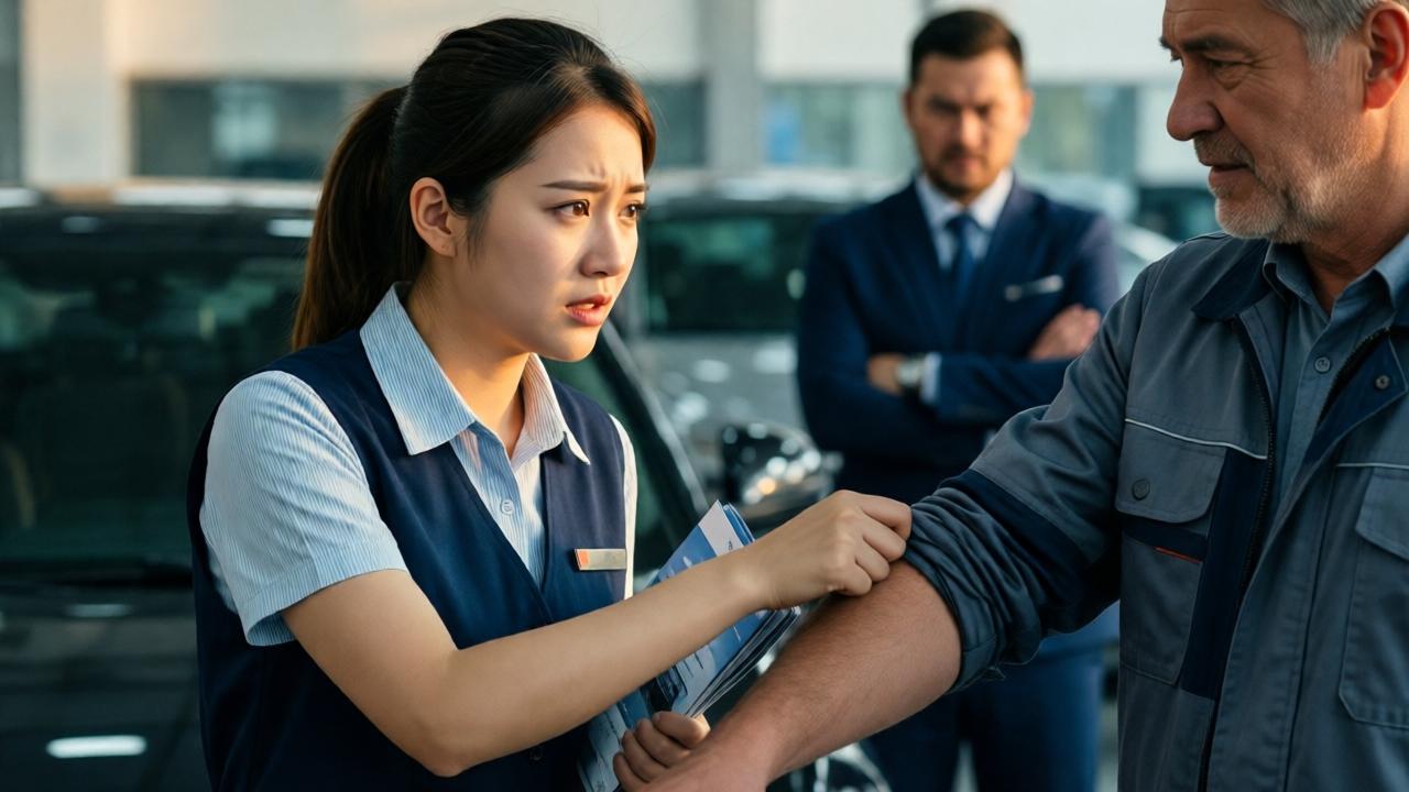 Eine junge Auszubildende in Autohaus-Uniform zupft vorsichtig am Ärmel des alten Mannes. Sie hält einen Prospekt in der Hand, ihr Gesicht zeigt eine Mischung aus Angst und Entschlossenheit. Im Hintergrund ist der wütende Manager zu erkennen, der mit verschränkten Armen dasteht. Warmes, sanftes Licht fällt auf die beiden Figuren, während der Rest der Szene in kühleren Tönen gehalten ist. Die Komposition betont die menschliche Verbindung zwischen den Charakteren.