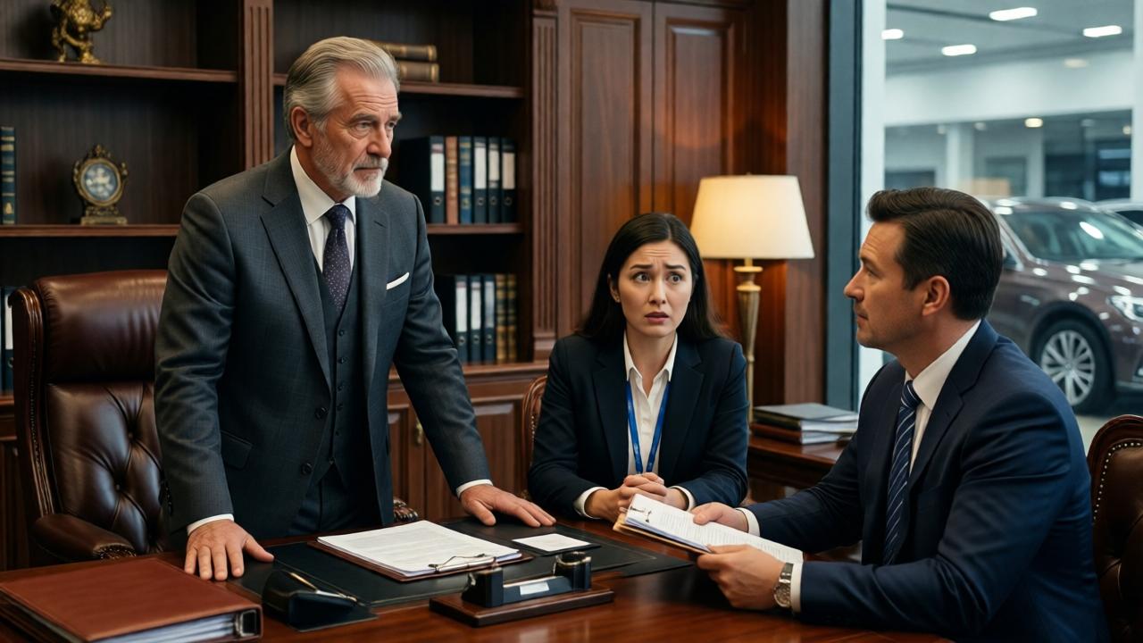 Derselbe ältere Mann steht jetzt in einem eleganten Büro in maßgeschneidertem Anzug. Vor ihm sitzt die verblüffte Auszubildende, daneben ein Anwalt mit Akten und der Regionaldirektor der Autohaus-Kette. Die Atmosphäre ist von Respekt und Autorität geprägt. Warmes Holz, Ledermöbel und gedämpftes Licht schaffen eine völlig andere Welt als das glitzernde Autohaus. Die Perspektive zeigt die Machtverschiebung deutlich - der einst Gedemütigte ist jetzt der, der die Fäden zieht.