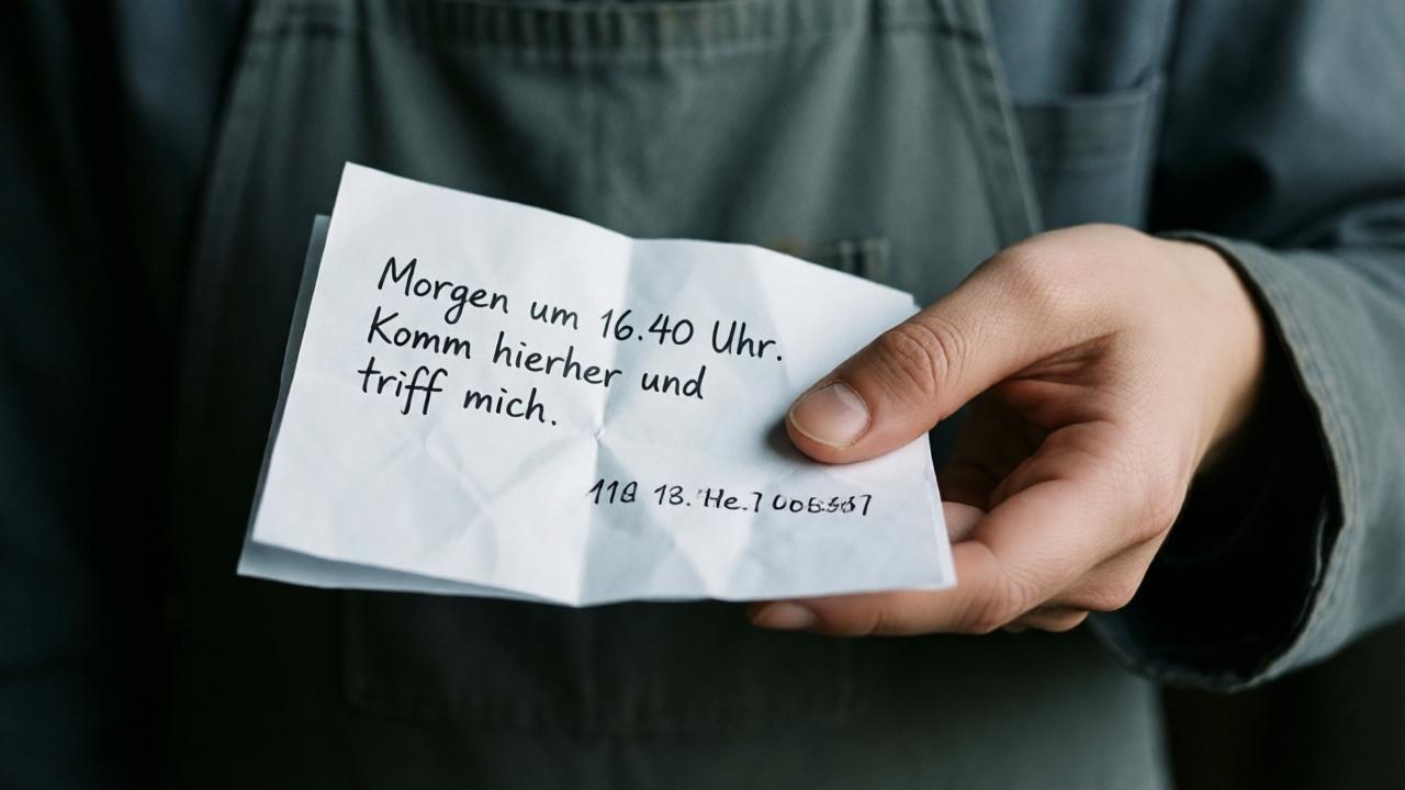 Eine Nahaufnahme eines gefalteten, leicht zerknitterten weißen Zettels, der in einer zarten, weiblichen Hand liegt. Die Hand ist vor einem unscharfen Hintergrund aus einer grauen Arbeitsjacke oder Schürze zu sehen. Auf dem Zettel ist in klarer, männlicher Handschrift der Satz 'Morgen um 16.40 Uhr. Komm hierher und triff mich.' sowie eine handschriftliche Adresse zu lesen. Das Licht ist gedämpft und seitlich einfallend, wirft einen kleinen Schatten auf das Papier und betont die Textur. Die Stimmung ist geheimnisvoll und voller Erwartung.