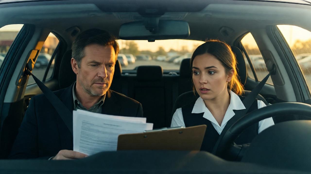 Zwei Personen sitzen im Inneren eines Autos bei Dämmerlicht. Durch die Frontscheibe sieht man den unscharfen Parkplatz eines Gewerbegebiets. Der Mann, Mitte 50, mit ruhigem, entschlossenem Gesicht, zeigt der jüngeren Frau neben ihm Dokumente in einem Ordner. Sie, die Kellnerin, blickt konzentriert und leicht überrascht auf die Papiere. Das Licht der untergehenden Sonne fällt golden durch die Seitenfenster und taucht das Interieur in warme, lange Schatten. Die Stimmung ist konspirativ und intensiv.