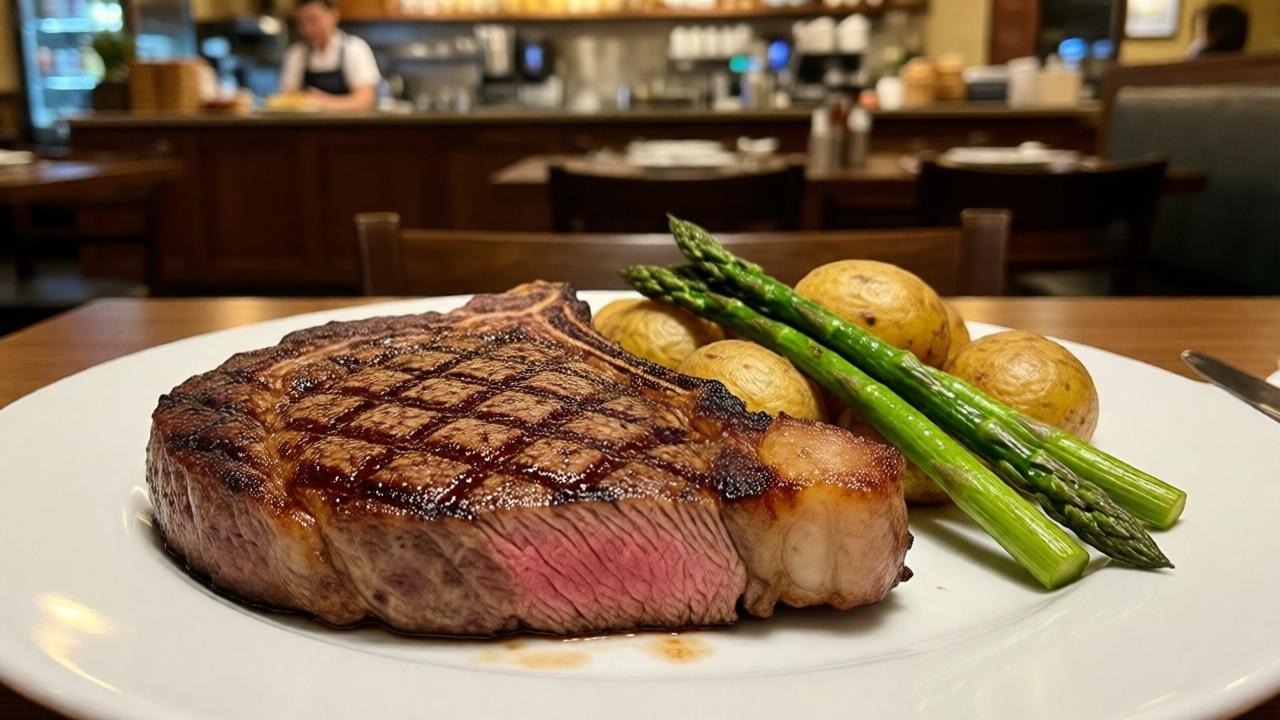 Ein perfekt gegrilltes, saftiges Ribeye-Steak liegt auf einem schlichten weißen Teller, daneben rustikale Ofenkartoffeln und grüner Spargel. Das Fleisch hat eine herrliche Kreuzgrill-Markierung und eine rosa, medium-gegart erscheinende Mitte. Das Bild ist aus der Perspektive des Gastes aufgenommen, als läge das Gericht gerade serviert vor einem. Im unscharfen Hintergrund ist eine gemütliche Restauranttheke zu erkennen, an der eine junge, zufrieden wirkende Kellnerin arbeitet. Das Licht ist warm und einladend, der Fokus liegt ganz auf dem perfekten Steak.
